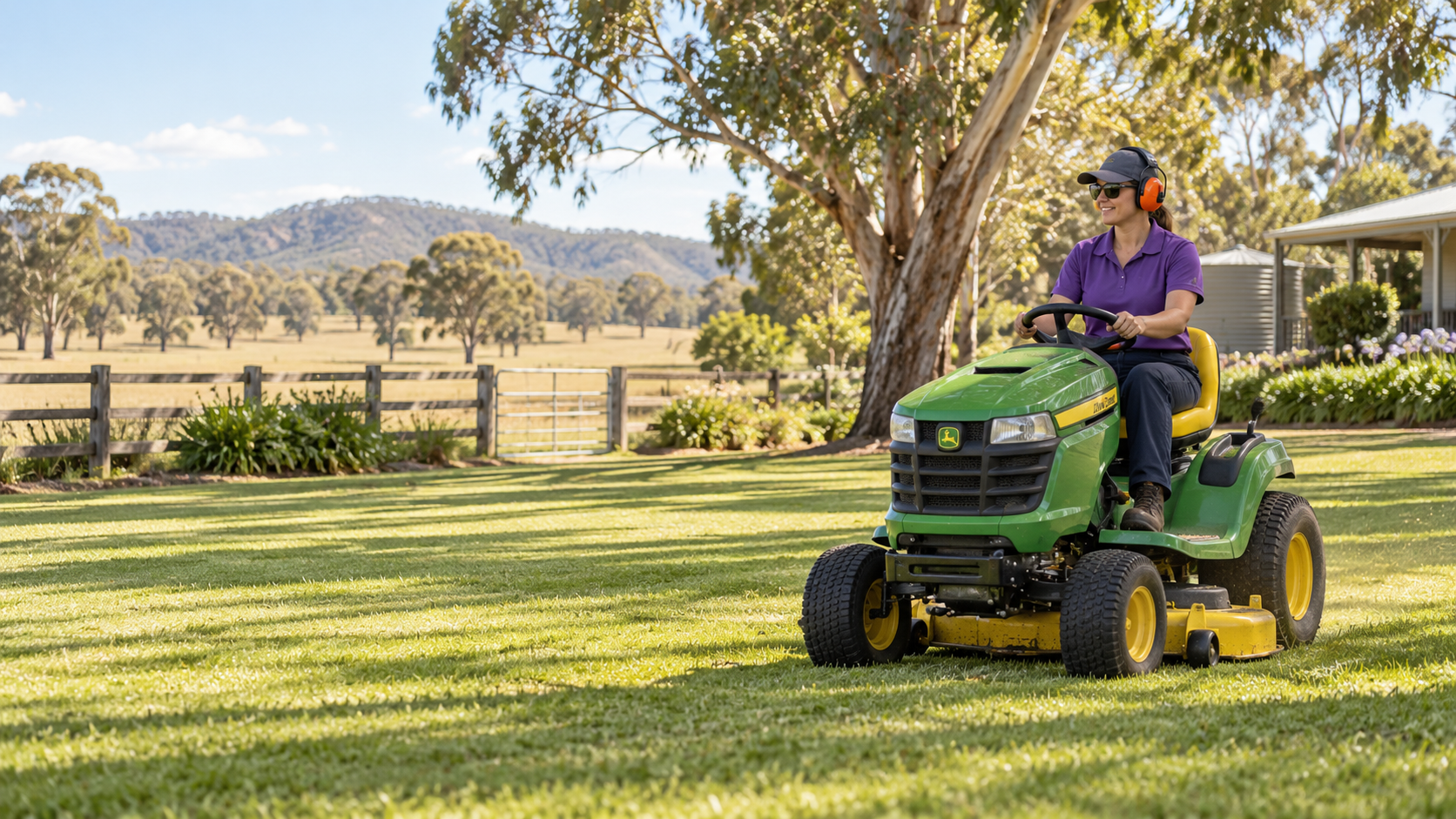 CCTS gardening worker operating a ride-on mower at a rural Australian property